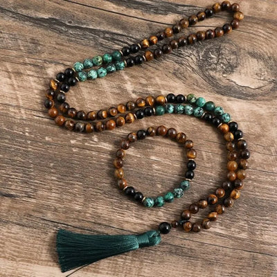 Conjunto de collar y pulsera con ojo de tigre y turquesa africana