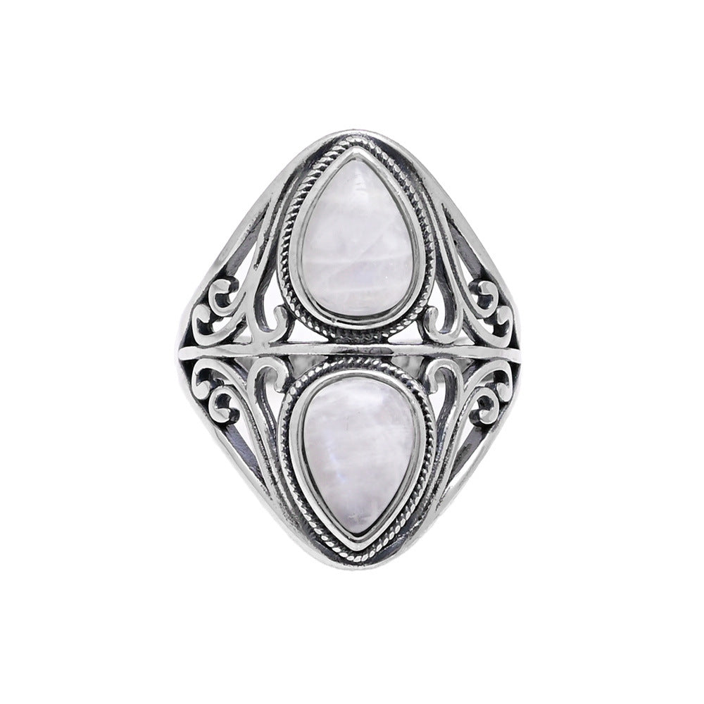Anillo doble gota de piedra lunar en plata 925, intuición y equilibrio emocional con estilo refinado