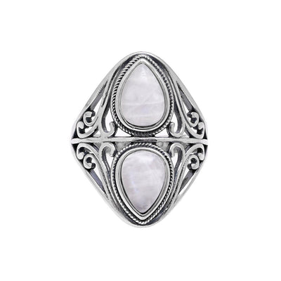 Anillo doble gota de piedra lunar en plata 925, intuición y equilibrio emocional con estilo refinado
