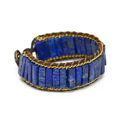 Pulsera de cadena larga con lapislázuli y cuero trenzado, sabiduría ancestral y estilo bohemio
