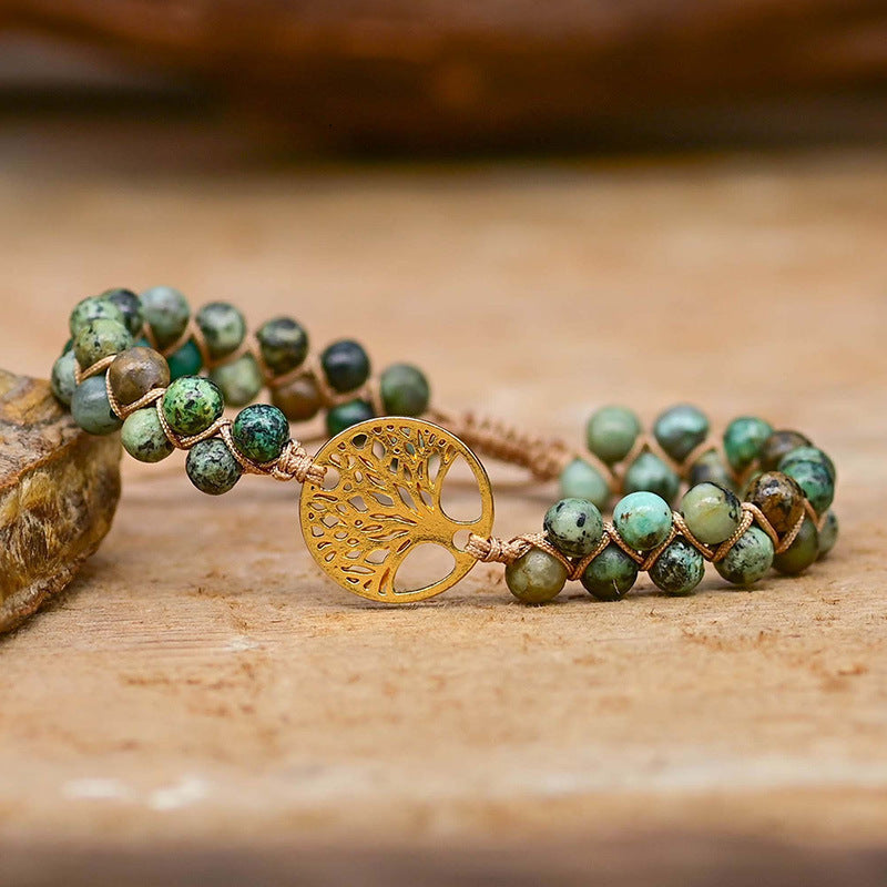 Pulsera Trenzada con Árbol de la Vida y Piedras Naturales Verde Turquesa Africana