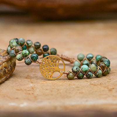 Pulsera Trenzada con Árbol de la Vida y Piedras Naturales Verde Turquesa Africana