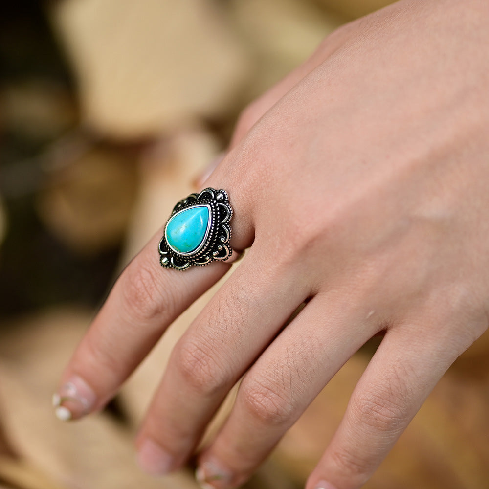 Anillo bohemio de turquesa en gota de agua y plata 925, protección natural con alma libre