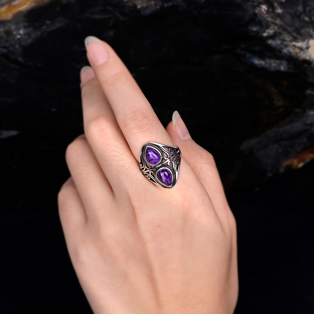 Anillo de amatista natural doble gota en plata 925, intuición y equilibrio con diseño fluido