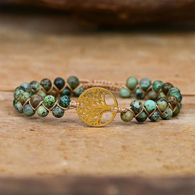 Pulsera Trenzada con Árbol de la Vida y Piedras Naturales Verde Turquesa Africana