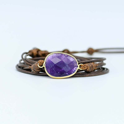 Pulsera Curativa de Amatista con Cuerda Azul o Marrón Encerada