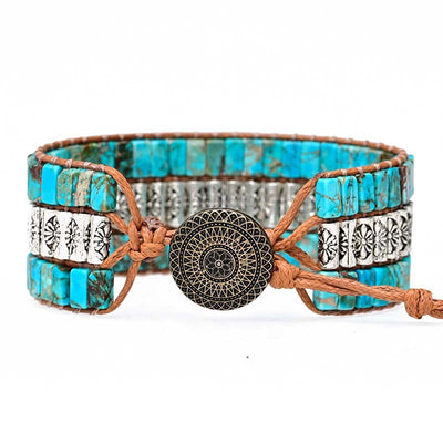 Pulsera de piedra turquesa natural con cuentas grabadas, fuerza protectora y estilo étnico