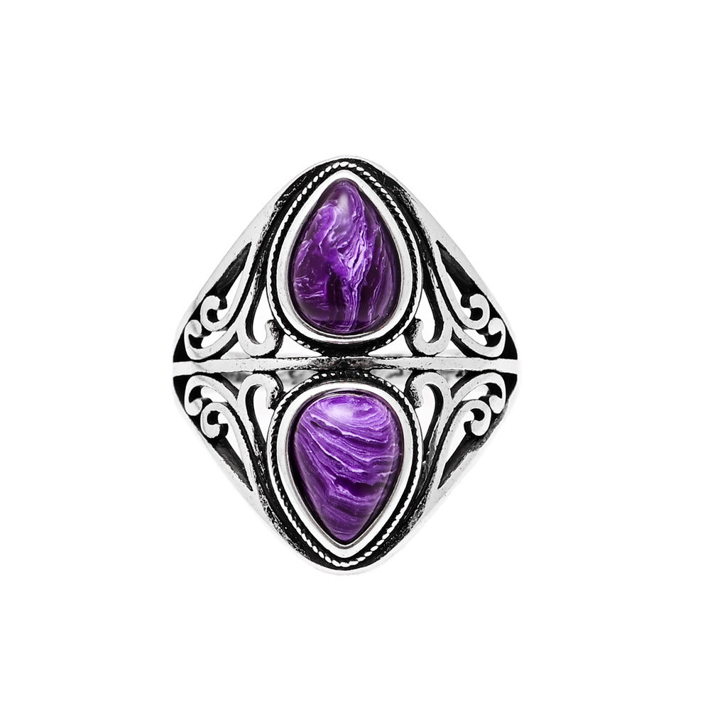 Anillo de amatista natural doble gota en plata 925, intuición y equilibrio con diseño fluido