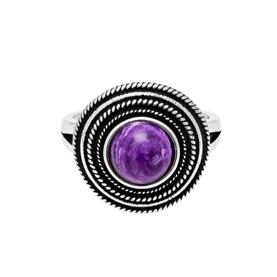 Anillo de amatista natural redonda en plata 925, serenidad espiritual y elegancia consciente