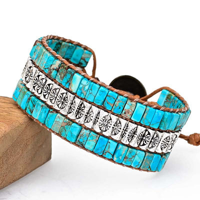 Pulsera de piedra turquesa natural con cuentas grabadas, fuerza protectora y estilo étnico