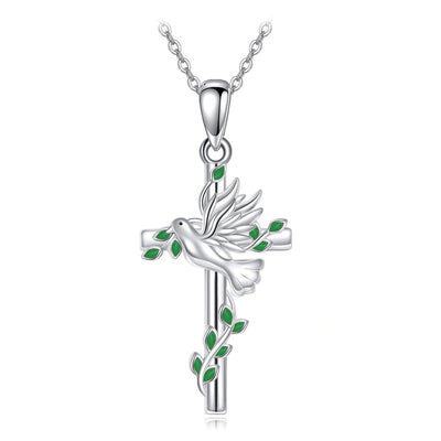 Collar cruz y paloma con aventurina verde en plata 925, símbolo de paz interior y energía sanadora