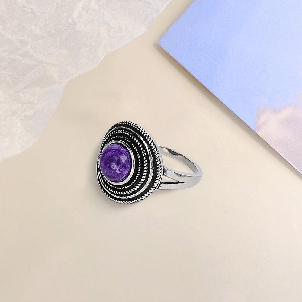 Anillo de amatista natural redonda en plata 925, serenidad espiritual y elegancia consciente