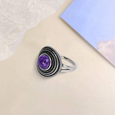 Anillo de amatista natural redonda en plata 925, serenidad espiritual y elegancia consciente