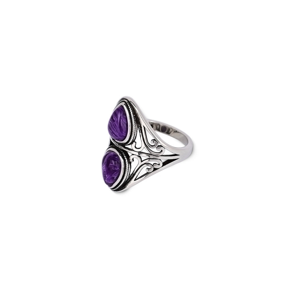 Anillo de amatista natural doble gota en plata 925, intuición y equilibrio con diseño fluido
