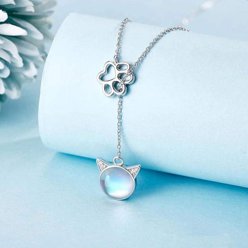 Collar orejas de gato con piedra lunar en plata 925, ternura y energía intuitiva