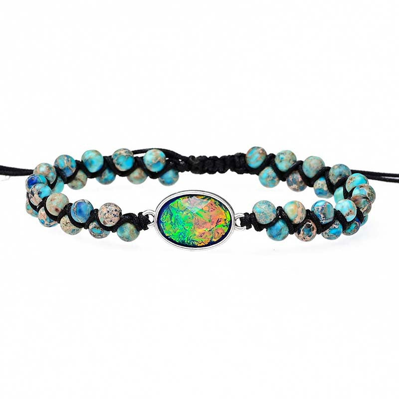 Pulsera Trenzada con Centro Iridiscente y Cuentas Jaspeadas