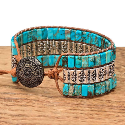 Pulsera de piedra turquesa natural con cuentas grabadas, fuerza protectora y estilo étnico