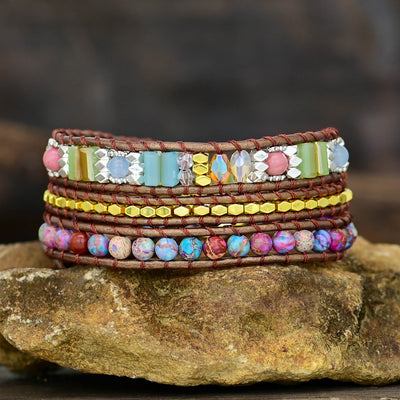 Pulsera de tres capas con piedra de flor morada natural, intuición y energía floral
