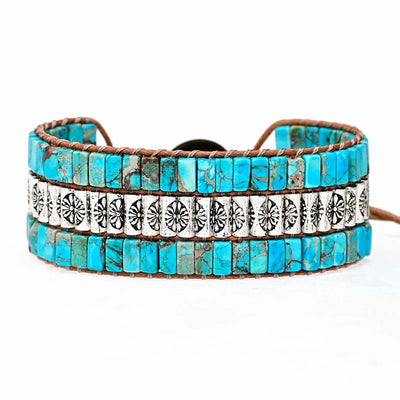 Pulsera de piedra turquesa natural con cuentas grabadas, fuerza protectora y estilo étnico