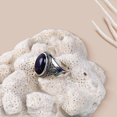 Anillo bohemio de arenisca azul ovalada en plata 925, magia estelar y elegancia retro
