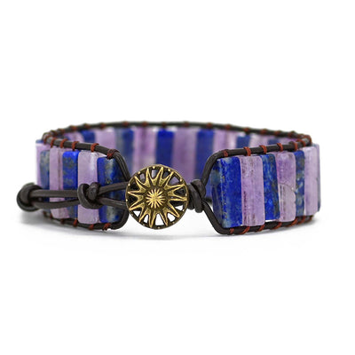 Pulsera larga de lapislázuli y amatista con cuero trenzado, equilibrio emocional y visión espiritual