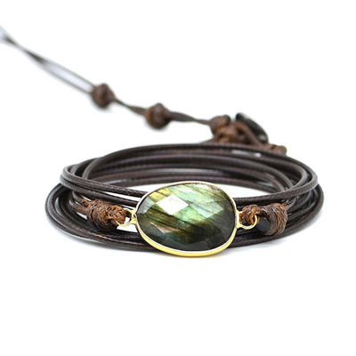 Pulsera de Labradorita con Cuerda Encerada y Borde Dorado