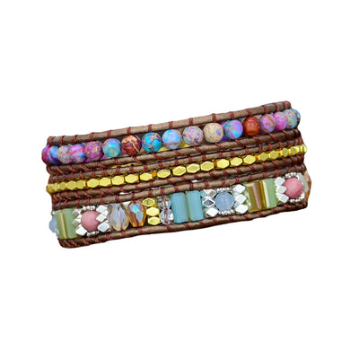 Pulsera de tres capas con piedra de flor morada natural, intuición y energía floral