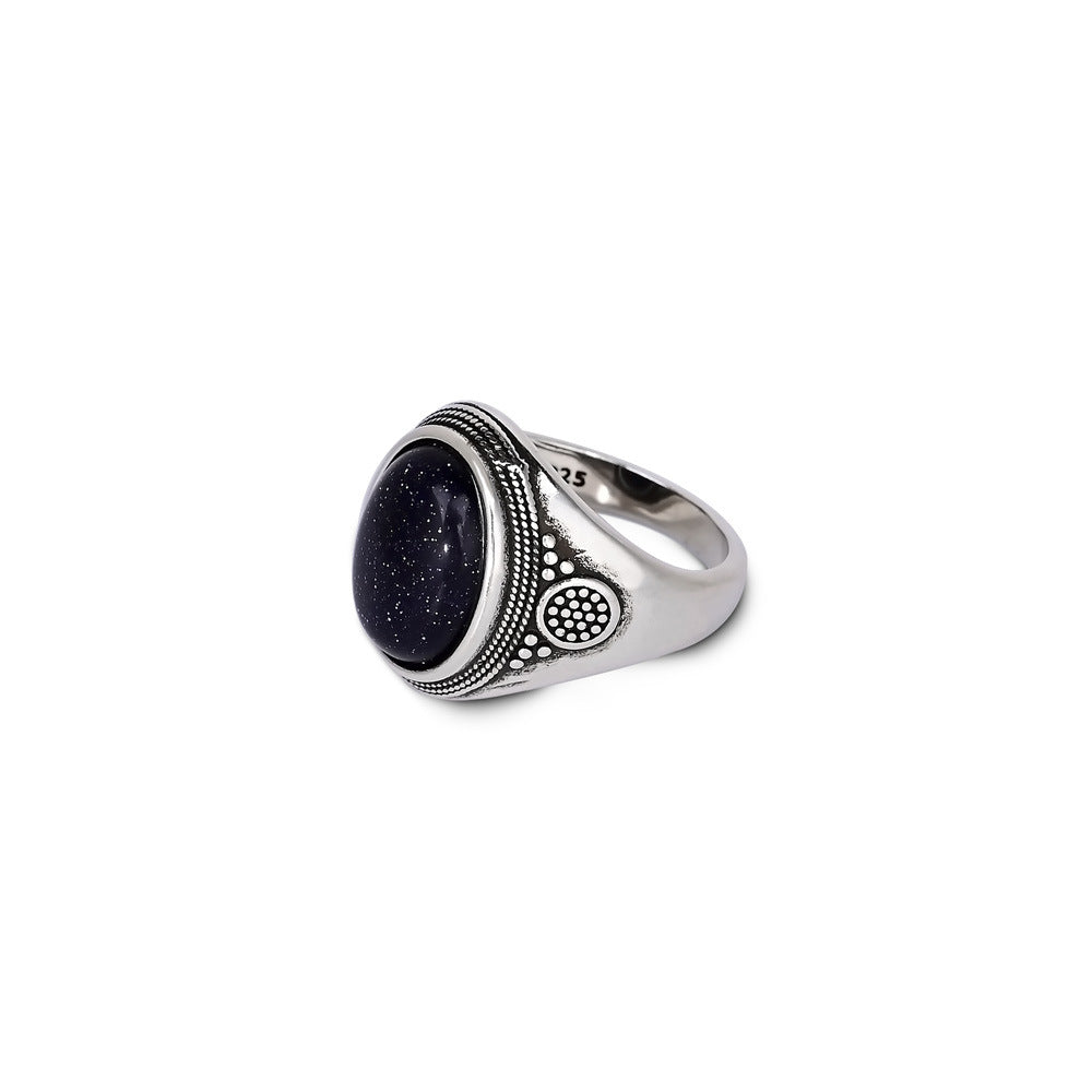 Anillo bohemio de arenisca azul ovalada en plata 925, magia estelar y elegancia retro