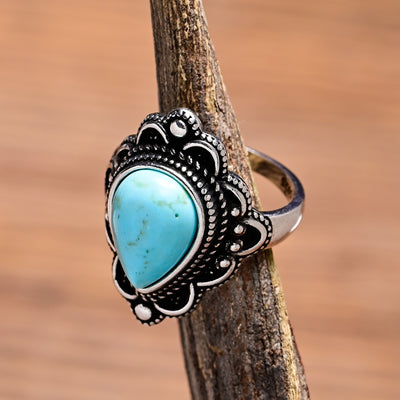 Anillo bohemio de turquesa en gota de agua y plata 925, protección natural con alma libre