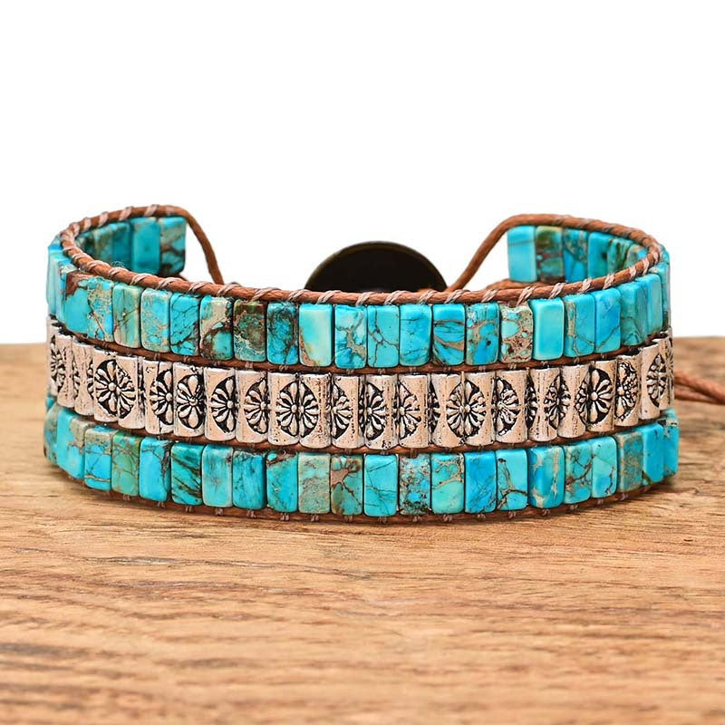 Pulsera de piedra turquesa natural con cuentas grabadas, fuerza protectora y estilo étnico