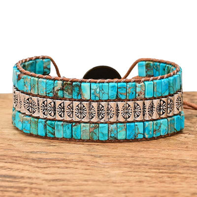 Pulsera de piedra turquesa natural con cuentas grabadas, fuerza protectora y estilo étnico