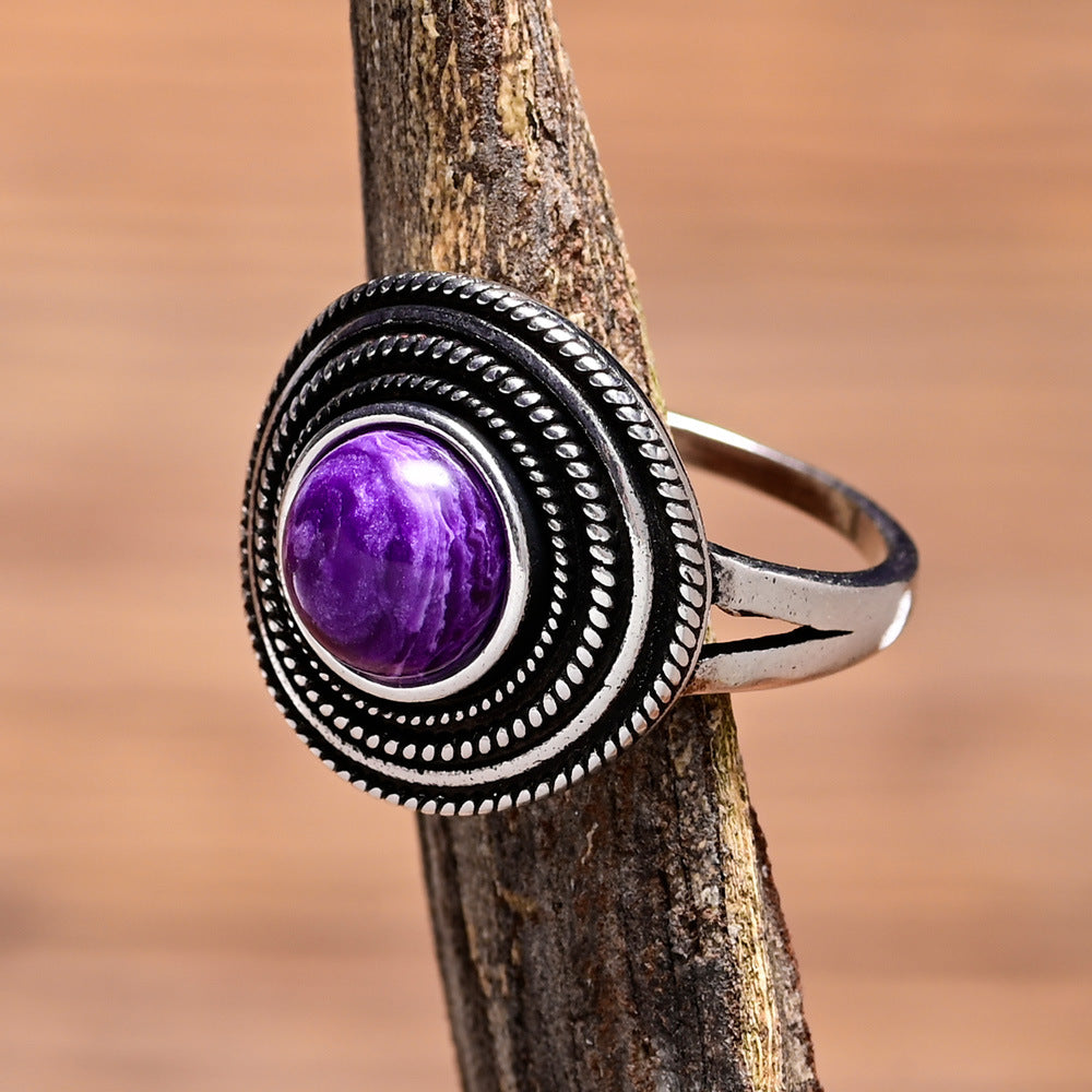 Anillo de amatista natural redonda en plata 925, serenidad espiritual y elegancia consciente