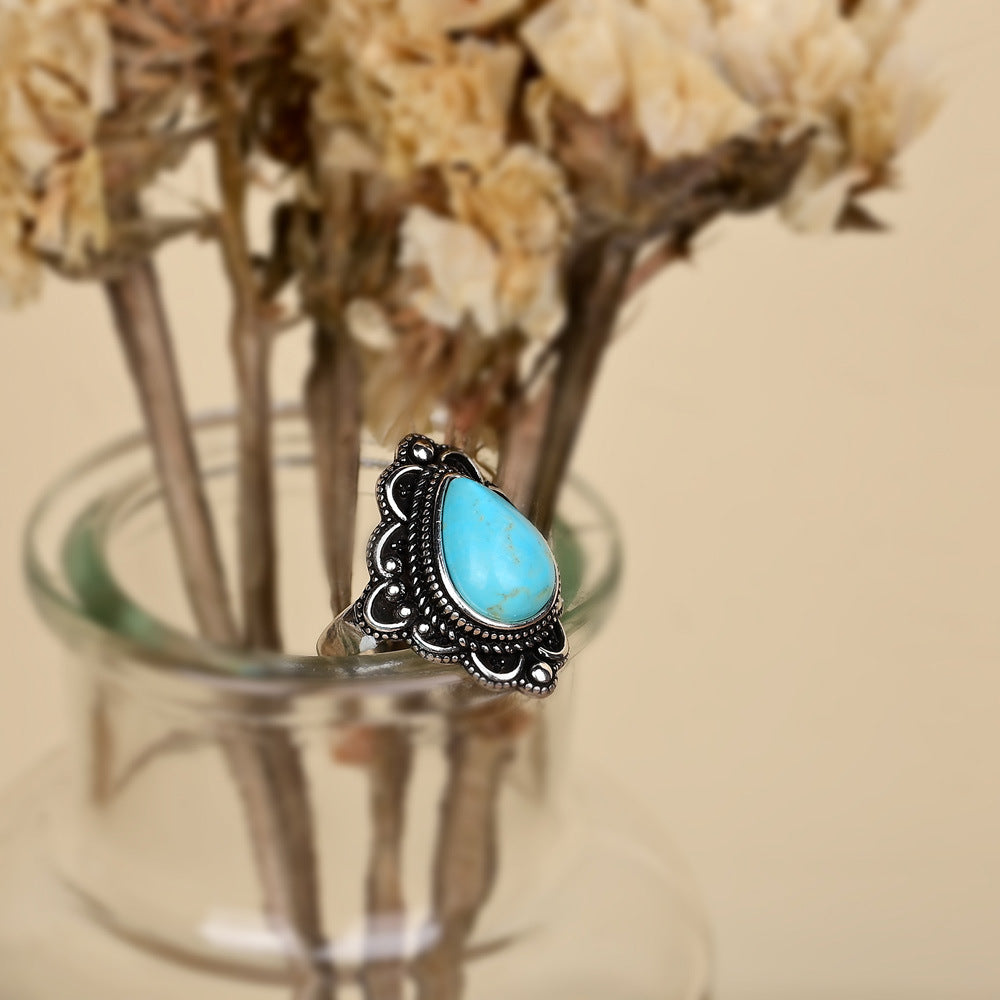 Anillo bohemio de turquesa en gota de agua y plata 925, protección natural con alma libre
