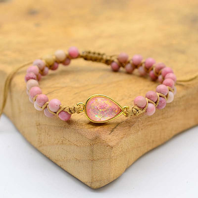 Pulsera Trenzada con Ópalo Rosa y Cuentas Naturales