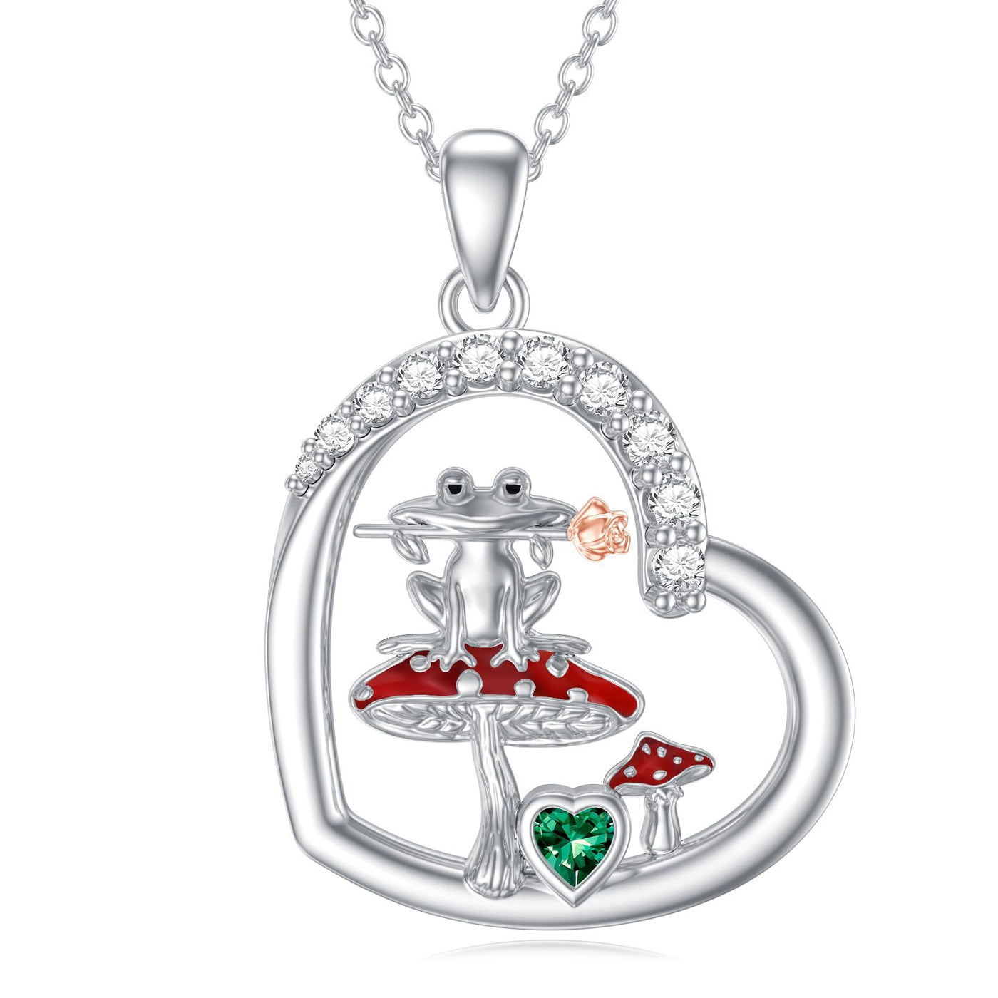 Collar corazón con rana y hongo en plata 925, joya mágica y original