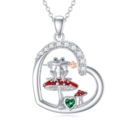 Collar corazón con rana y hongo en plata 925, joya mágica y original
