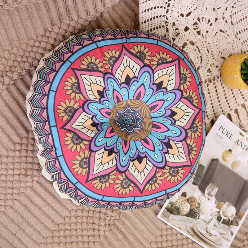 Cojín Redondo Étnico Mandala Rosa y Azul – Algodón y Lino 40 cm