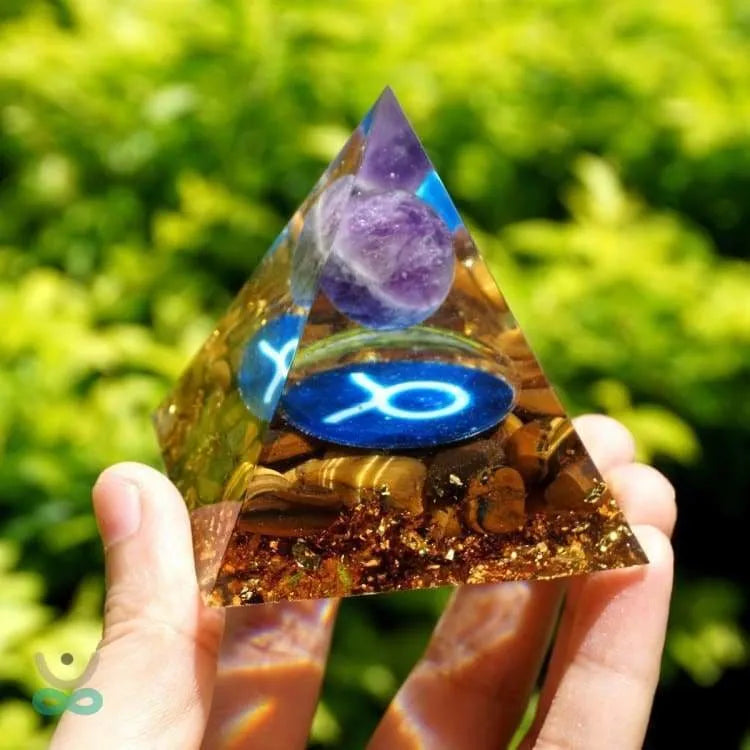 Pirámide del Zodiaco en Orgonita y Ojo de Tigre de 10cm símbolo del Toro