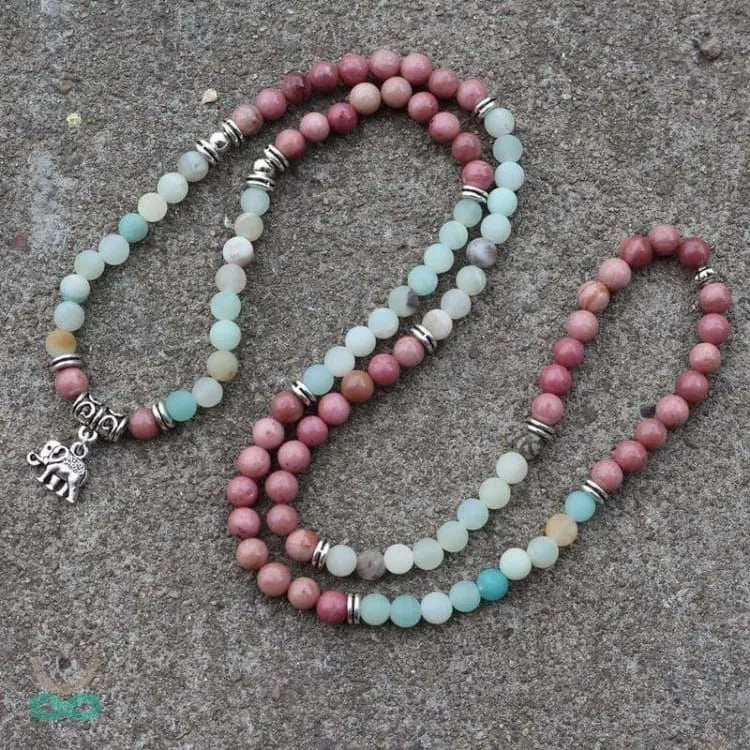 Pulsera de elefante mala en amazonita y piedra de rodonita.