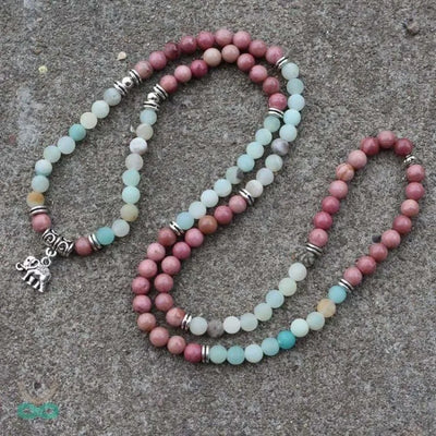 Pulsera de elefante mala en amazonita y piedra de rodonita.