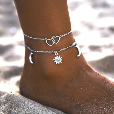 Tobilleras de dos capas con corazón de luna y sol