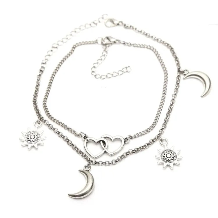 Tobilleras de dos capas con corazón de luna y sol