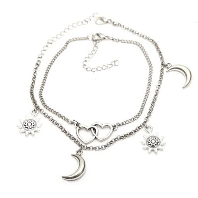 Tobilleras de dos capas con corazón de luna y sol