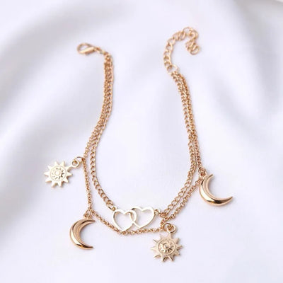 Tobilleras de dos capas con corazón de luna y sol