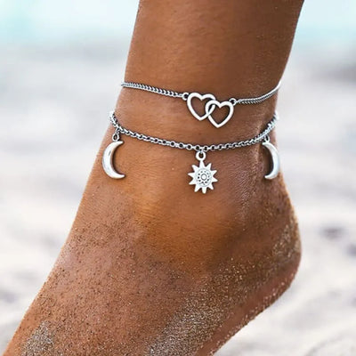 Tobilleras de dos capas con corazón de luna y sol