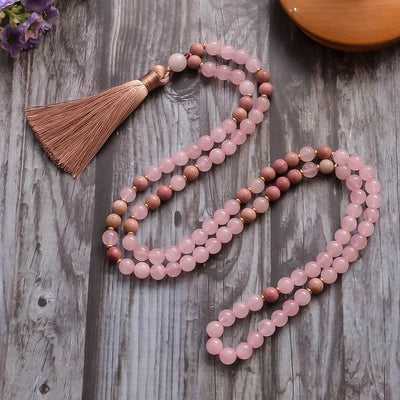 Collar Mala de 108 Cuentas de Cuarzo Rosa y Rodonita