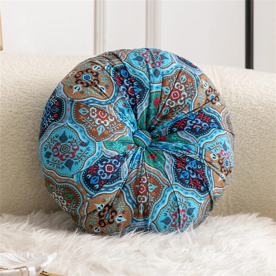 Cojín Redondo Bohemio Mandala Azul y Marrón