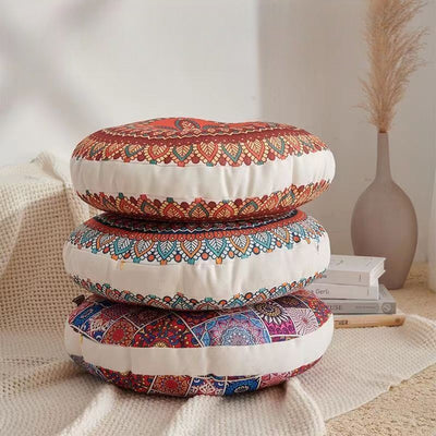 Cojín Redondo Étnico Mandala Beige – Algodón y Lino 40 cm
