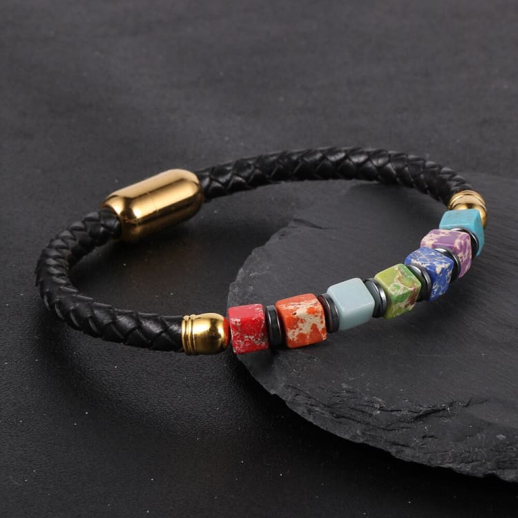 Bracelet en cuir tressé aux couleurs des 7 chakras - Bracelet