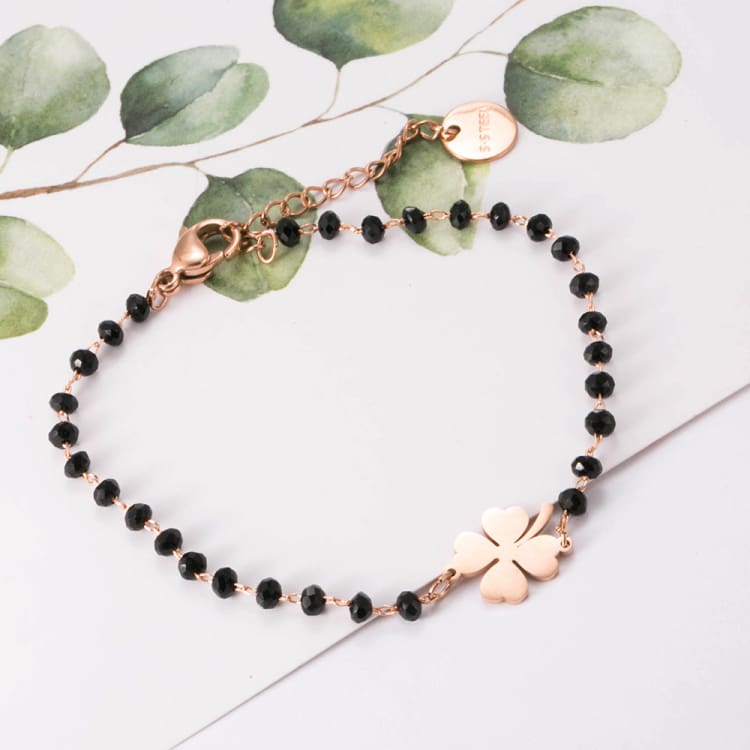 Rose Gold Clover Stainless Steel Charm Bracelets Women&#39;s Black Crystal Beads Chain Bracelet Fashion Jewelry 2020 Joyas de mujer